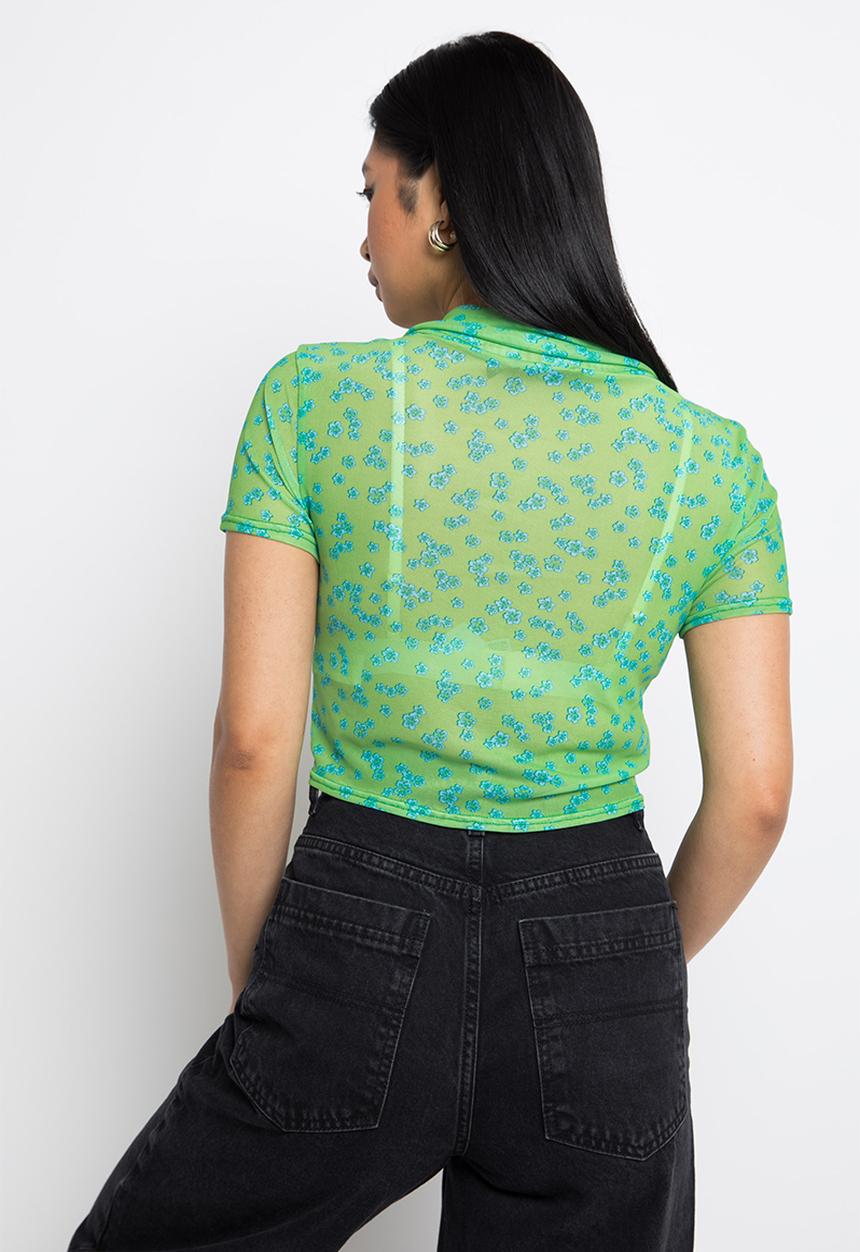 Daisy Street - Mesh crop shirt - green & blue floral print
