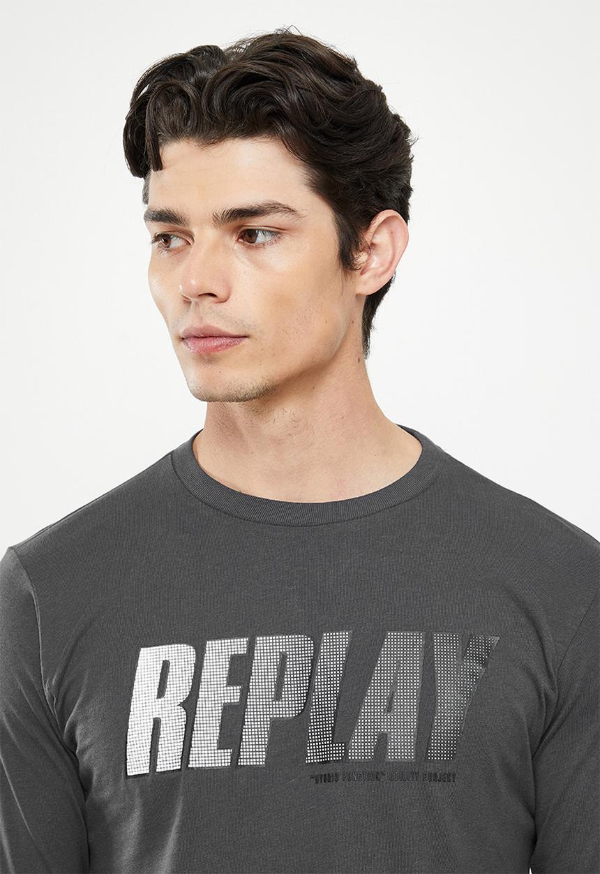 Replay - Replay long sleeve logo printed tee - charcoal