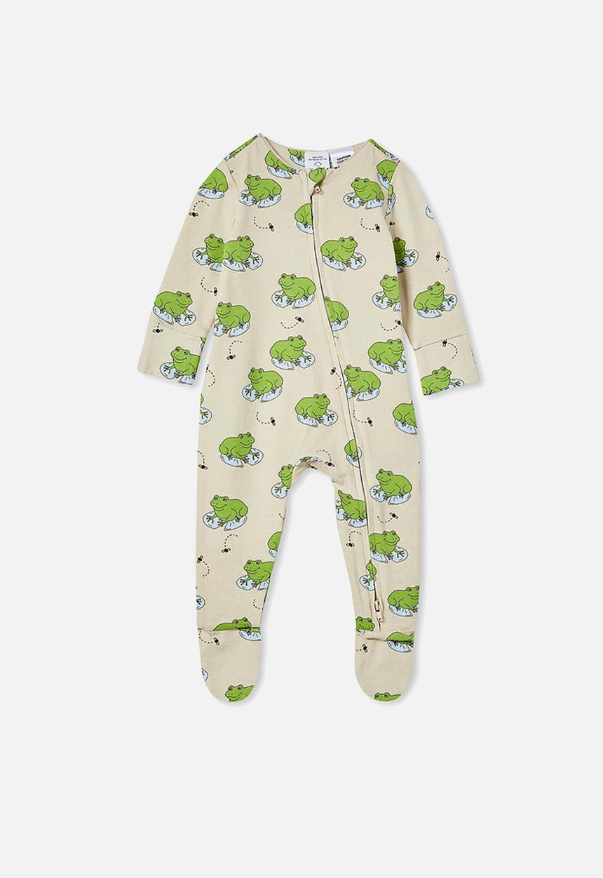 Cotton On - The long sleeve zip romper - rainy day/frog in the pond