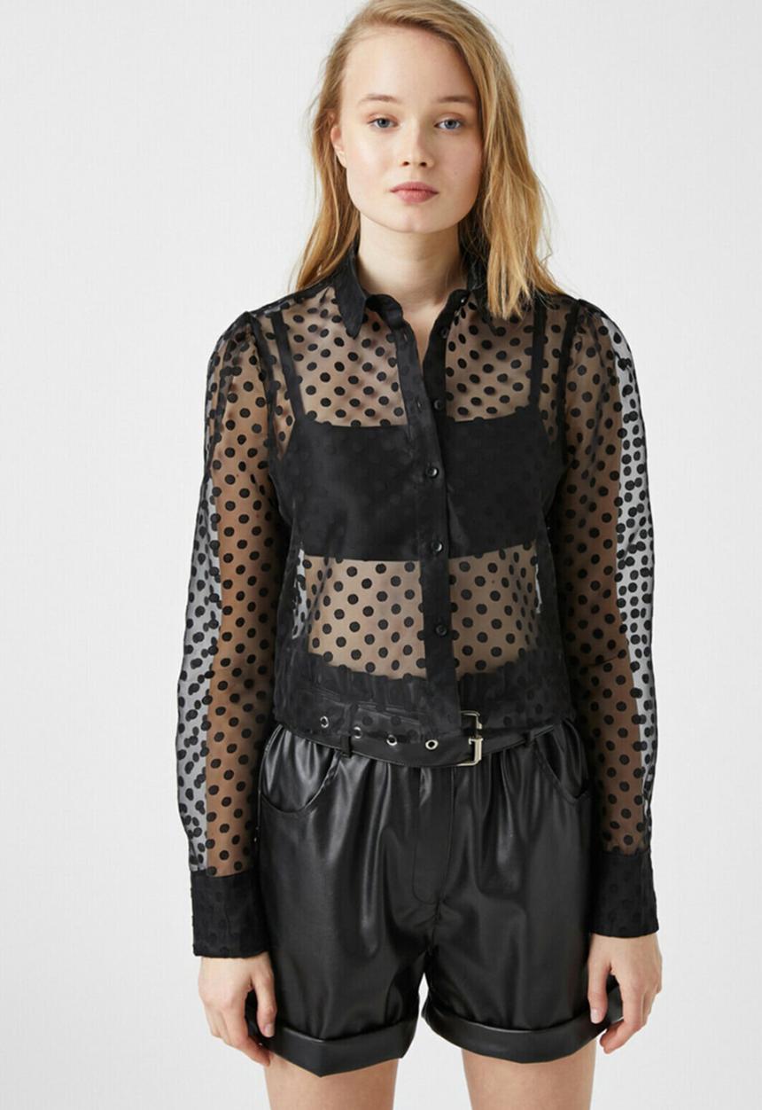 Koton - Polka dot long sleeve tulle shirt - black
