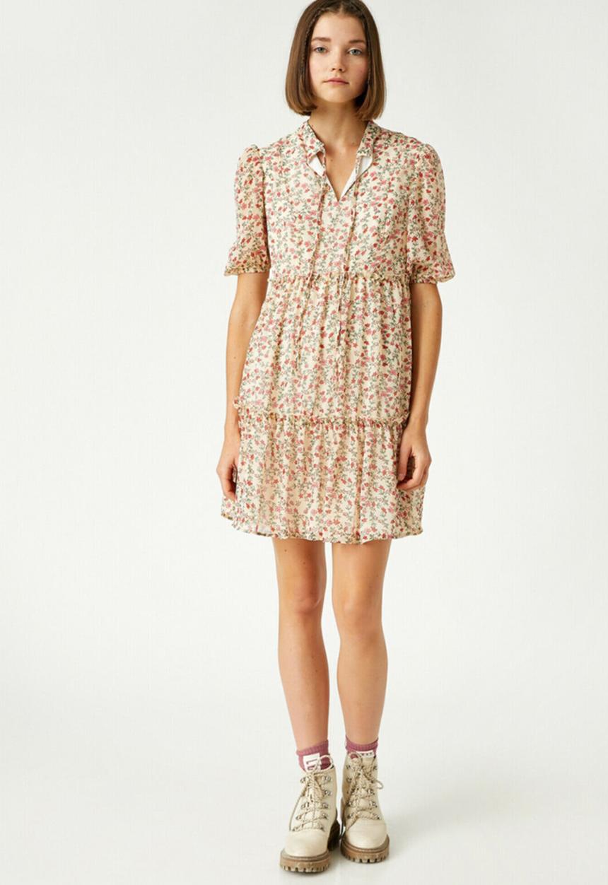 Koton - Floral short sleeve mini dress - ecru