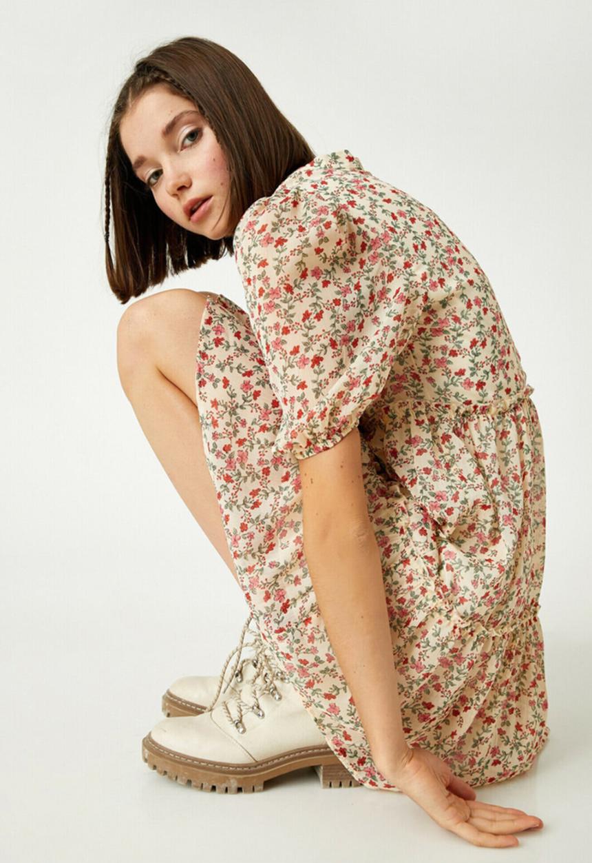 Koton - Floral short sleeve mini dress - ecru