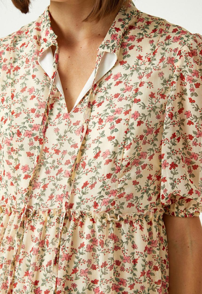 Koton - Floral short sleeve mini dress - ecru