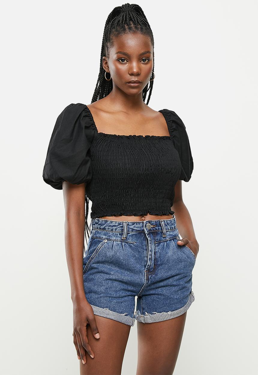 Glamorous - Shirred bodice puff sleeve blouse co-ord - black