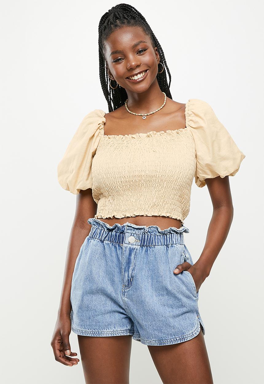 Glamorous - Shirred bodice puff sleeve blouse co-ord - stone