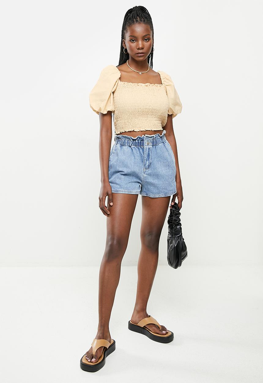 Glamorous - Shirred bodice puff sleeve blouse co-ord - stone