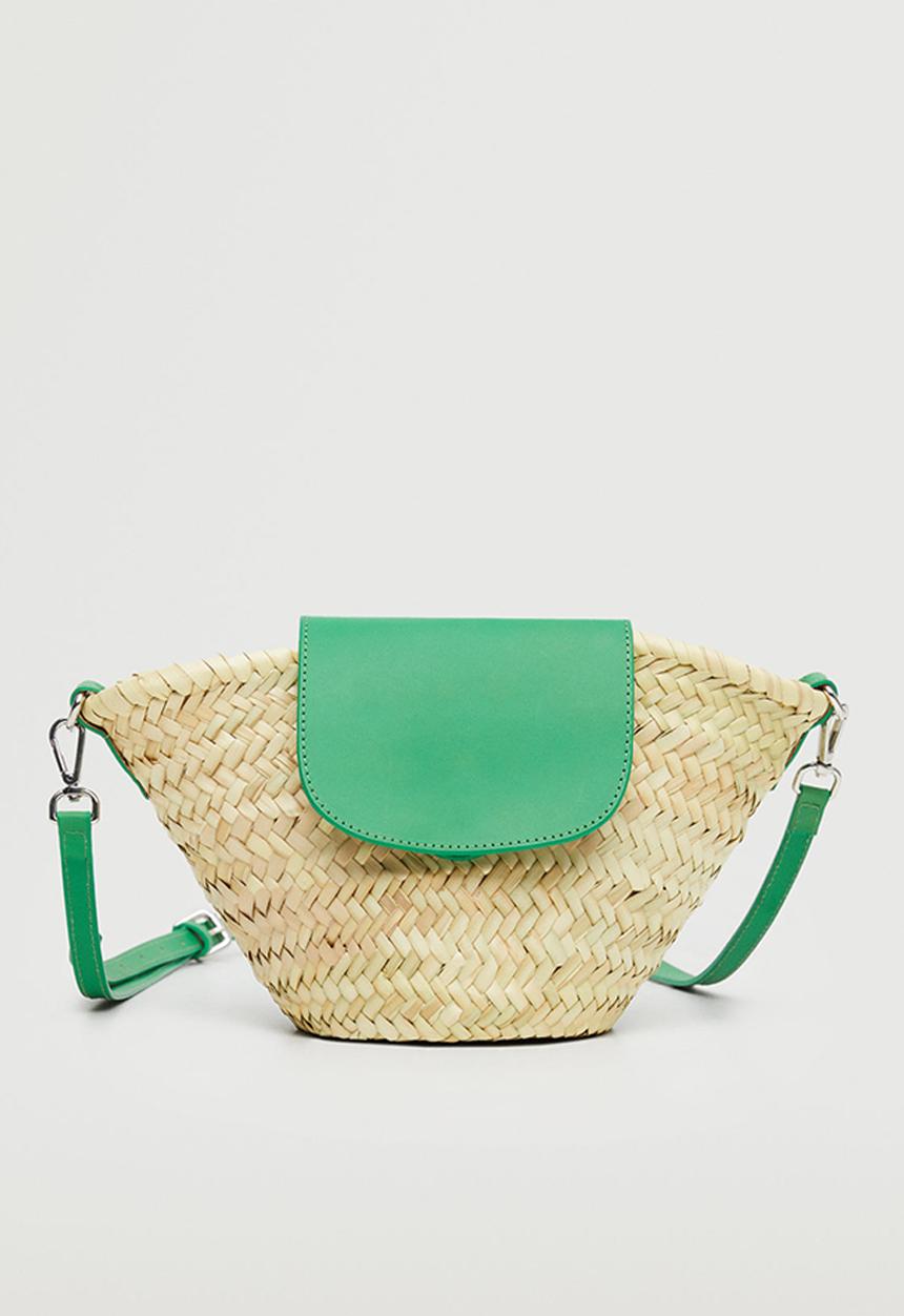 MANGO - Leather flap raffia bag - green