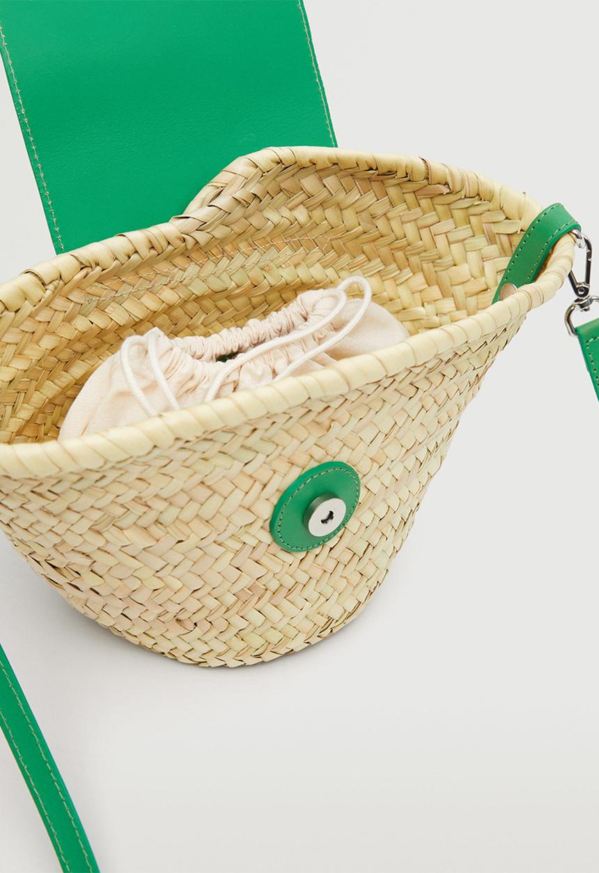 MANGO - Leather flap raffia bag - green
