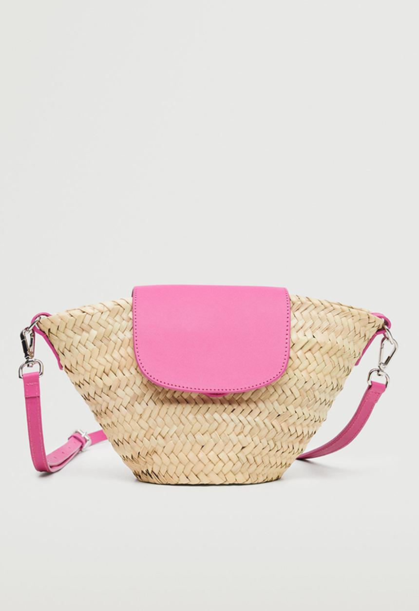 MANGO - Leather flap raffia bag - fushia