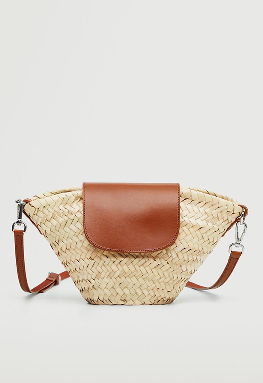MANGO - Leather flap raffia bag - brown 