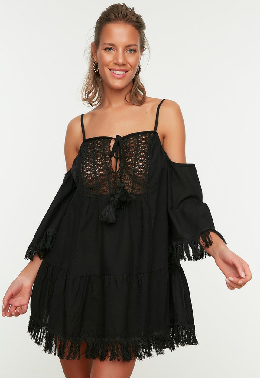 Trendyol - Carmen collar fringe embroidered beach dress - black