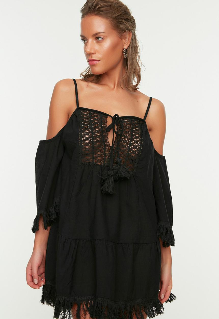 Trendyol - Carmen collar fringe embroidered beach dress - black