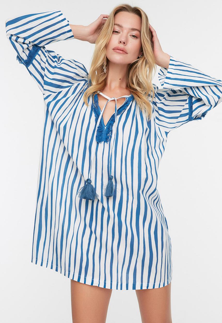 Trendyol - Striped cotton beach dress - blue