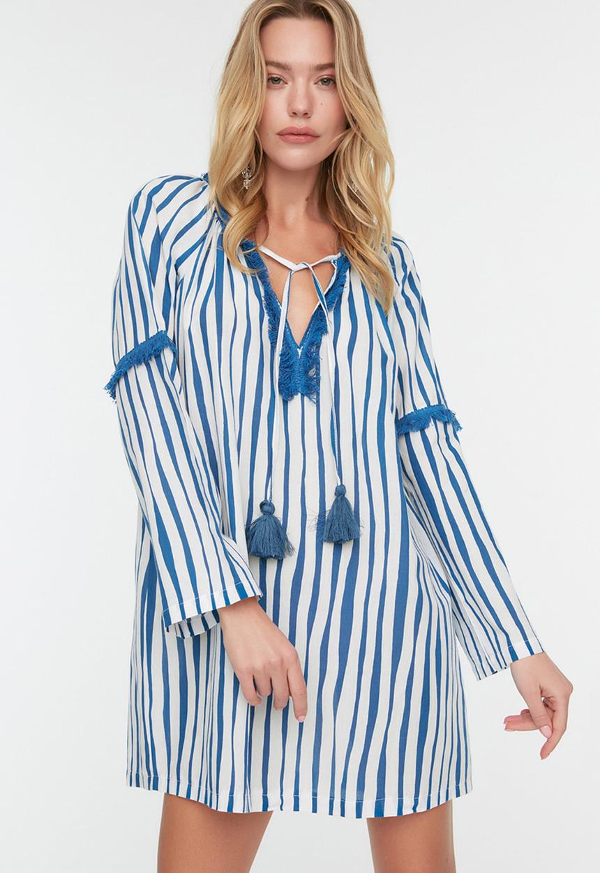 Trendyol - Striped cotton beach dress - blue