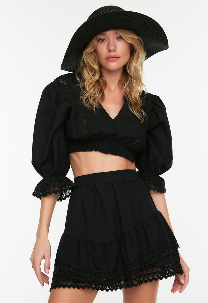 Trendyol - Lace detailed voile bottom-top set - black