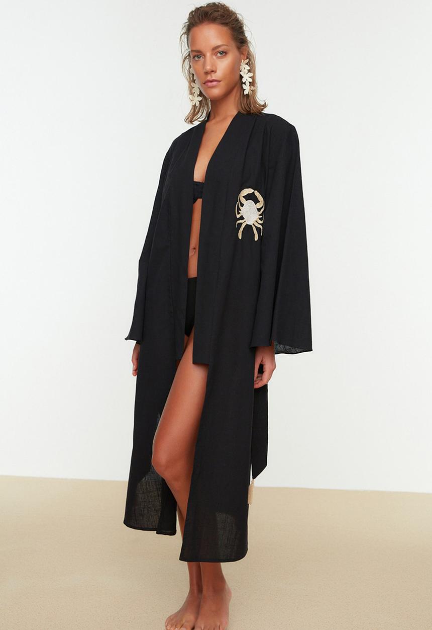 Trendyol - Embroidery detailed kimono kaftan - black