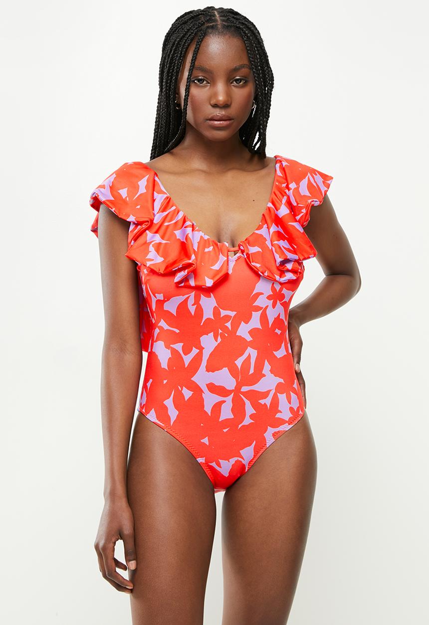 Trendyol - Colorful floral print swimsuit - orange & white 