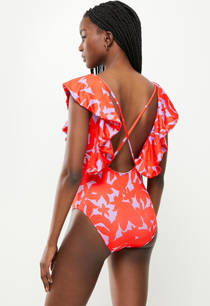 Trendyol - Colorful floral print swimsuit - orange & white 