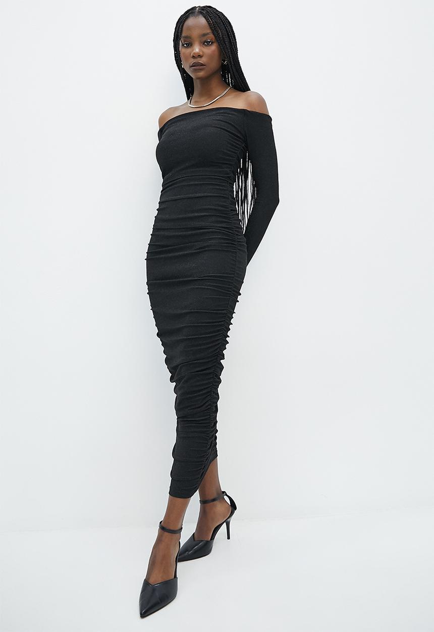 VELVET - Metallic knit bardot ruching dress - black