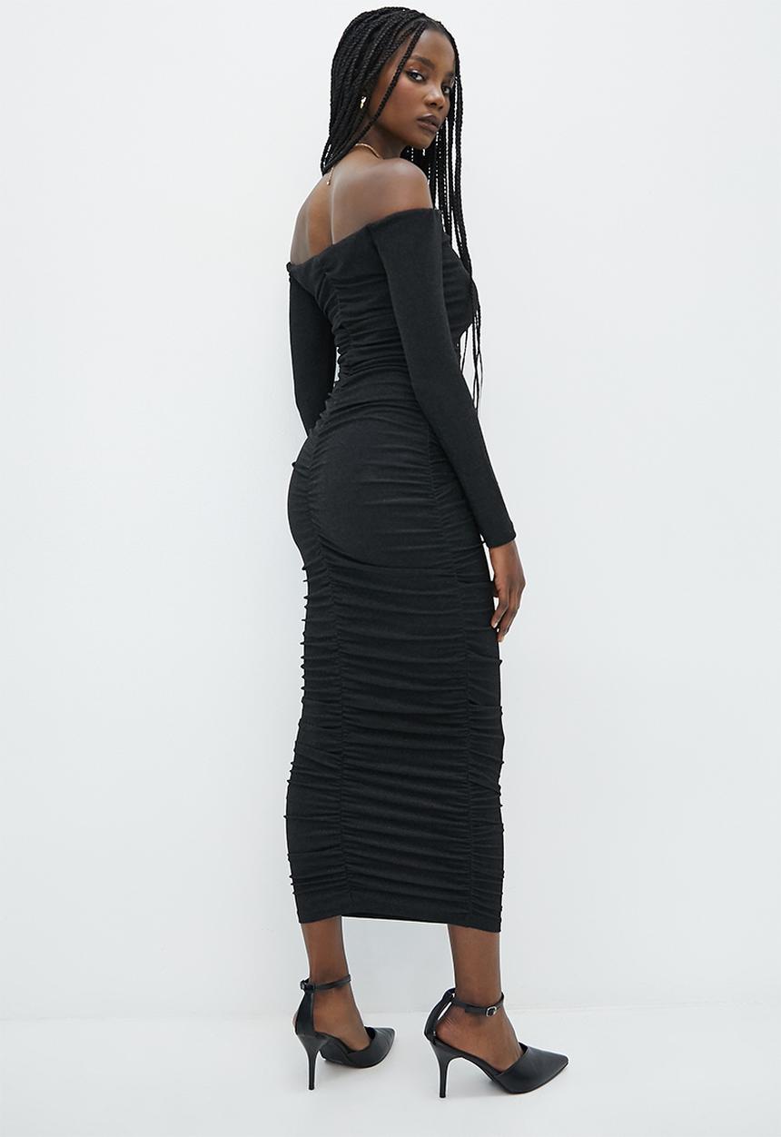VELVET - Metallic knit bardot ruching dress - black