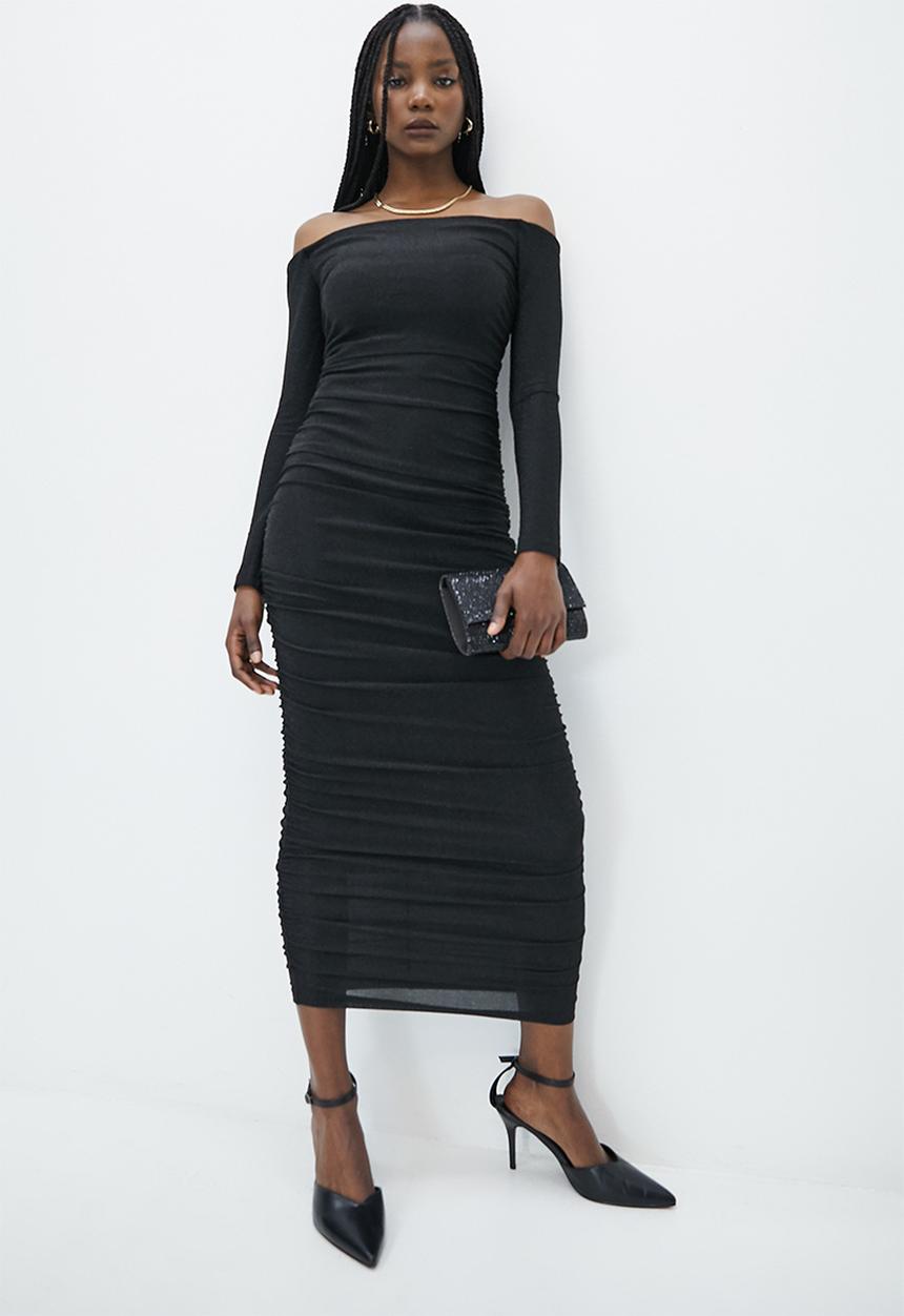 VELVET - Metallic knit bardot ruching dress - black