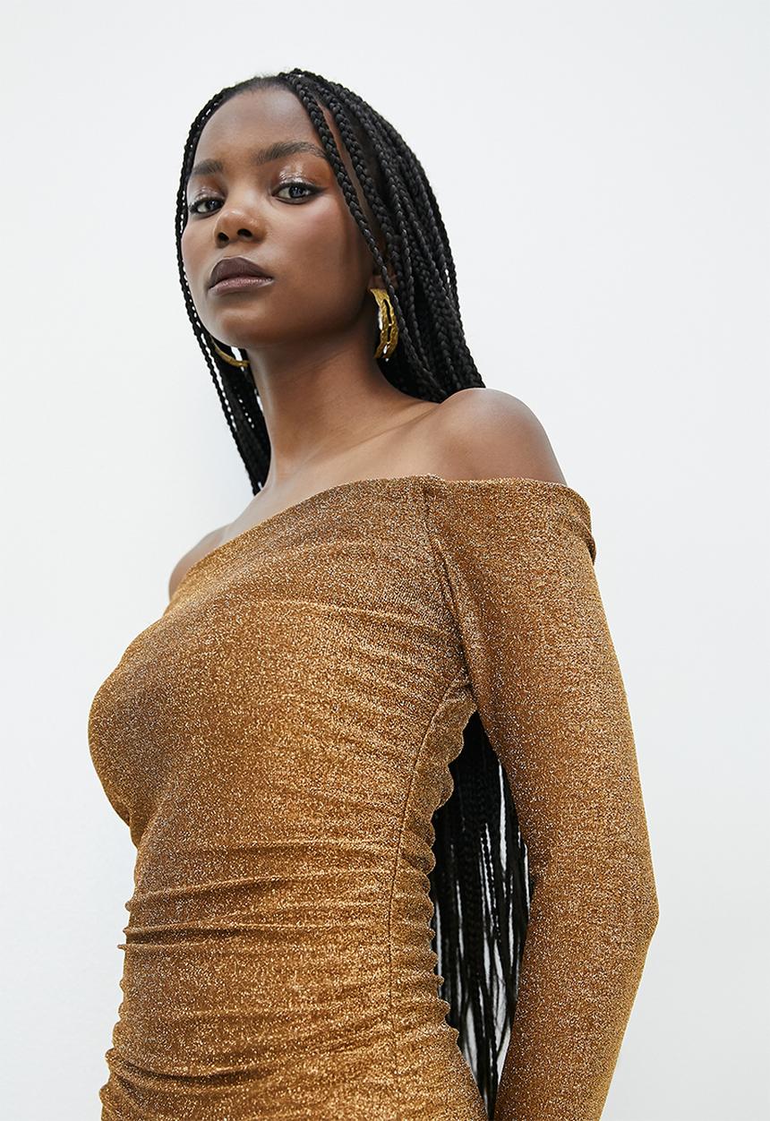 VELVET - Metallic knit bardot ruching dress - bronze