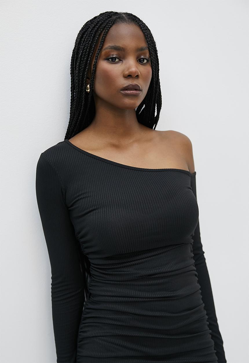 VELVET - Off shoulder midi ruching dress - black