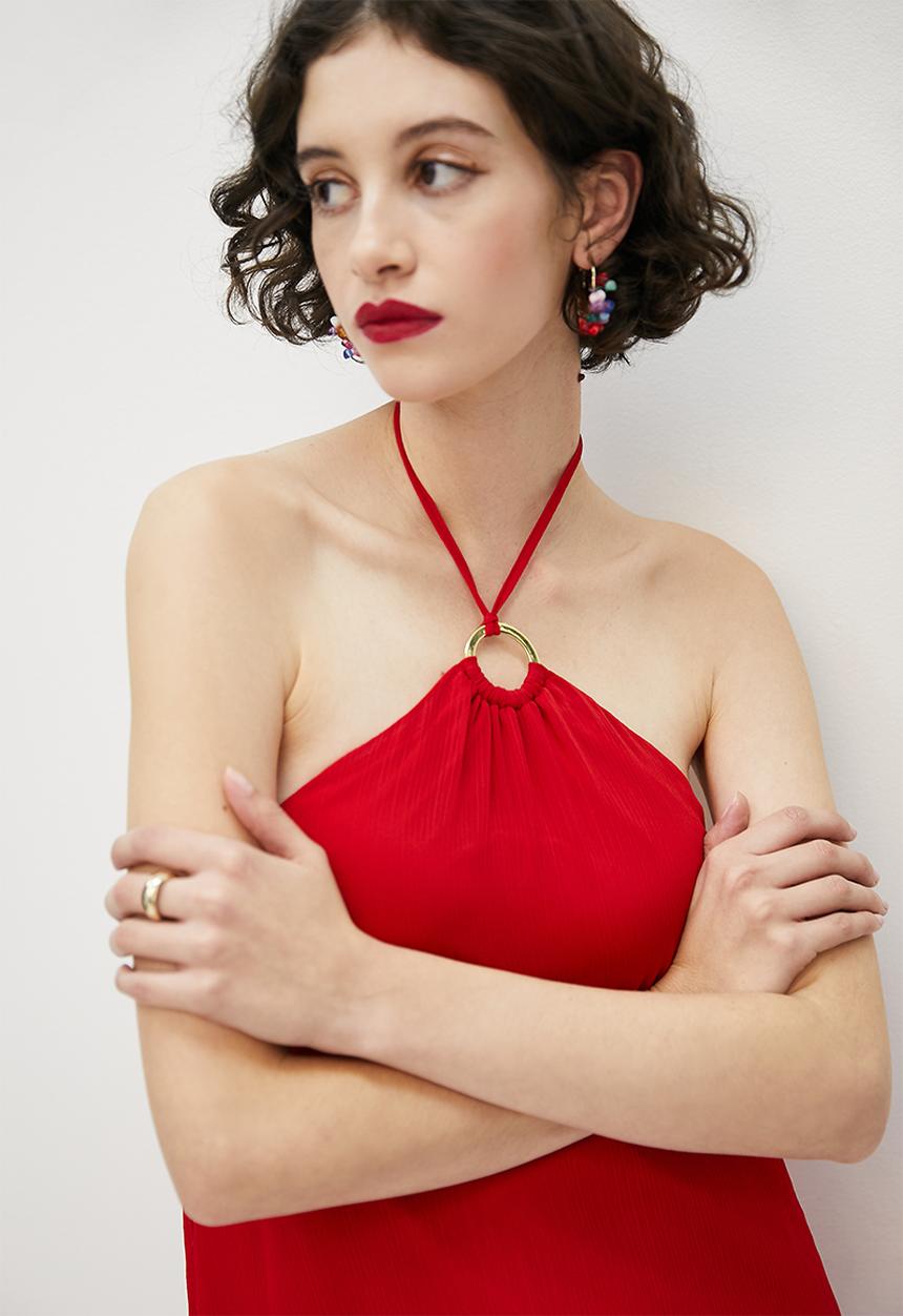 VELVET - Halter trapeze mini with gold hardware - red