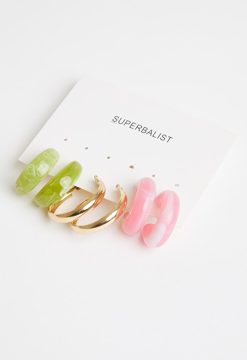 Superbalist - 3 Pack hoop resin earrings - green & pink