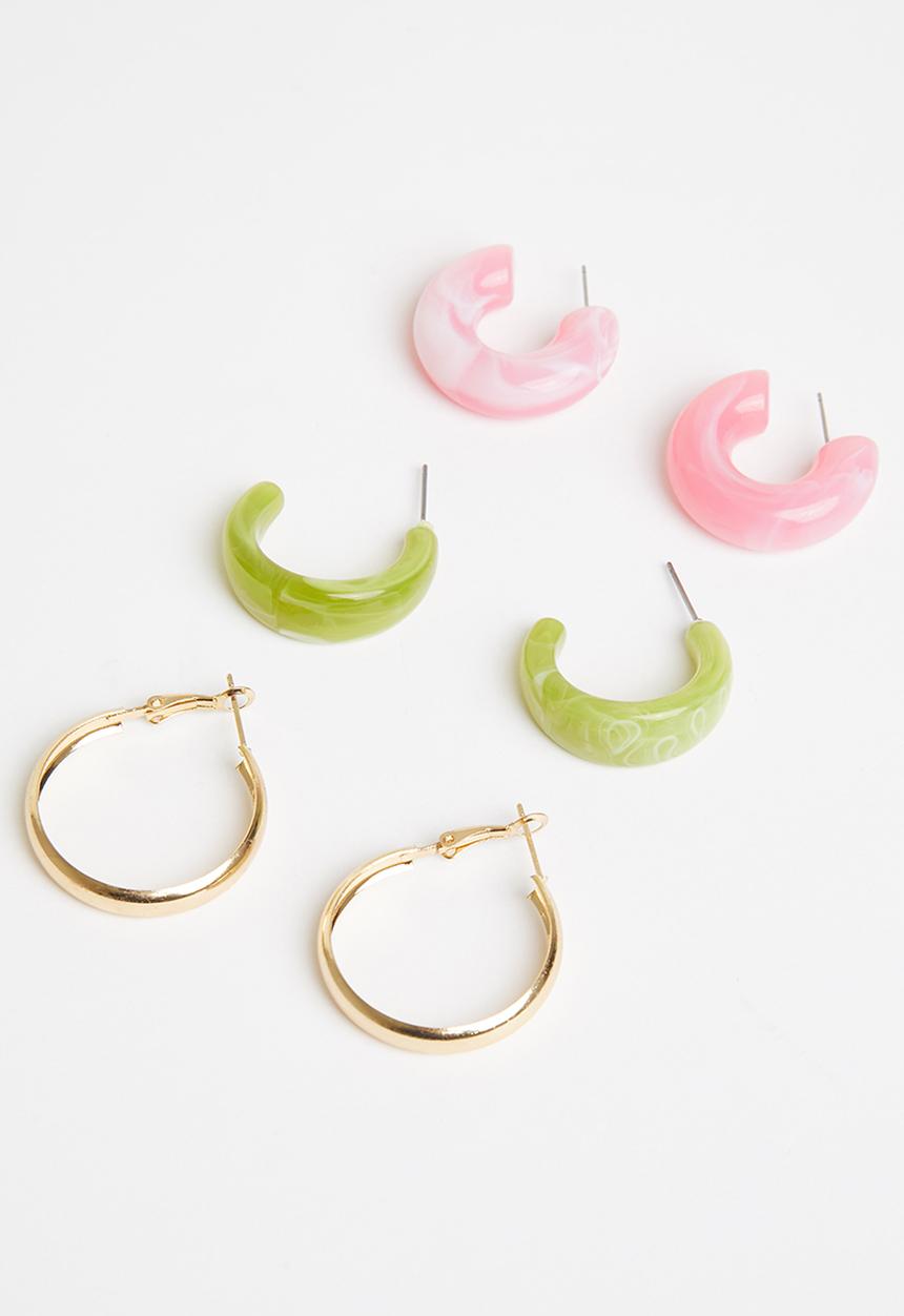 Superbalist - 3 Pack hoop resin earrings - green & pink
