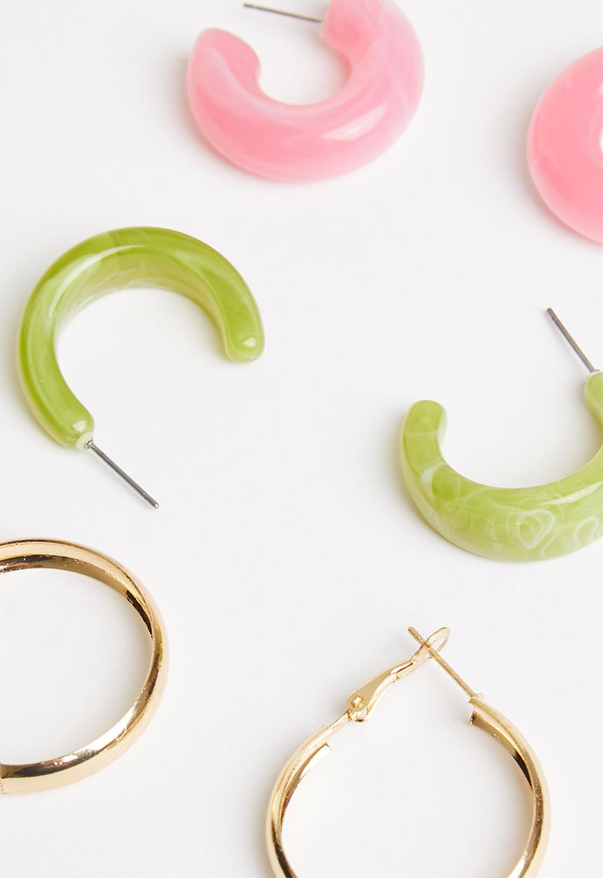 Superbalist - 3 Pack hoop resin earrings - green & pink