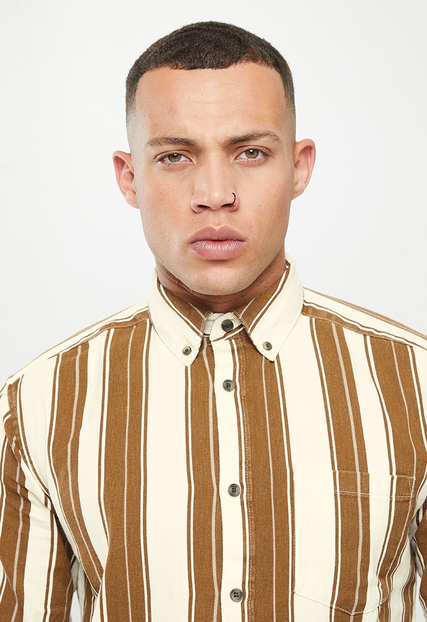 Only & Sons - Onsbryce long sleeve reg stripe twill shirt - white & brown