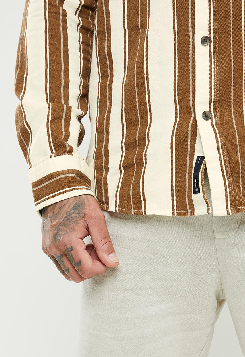 Only & Sons - Onsbryce long sleeve reg stripe twill shirt - white & brown