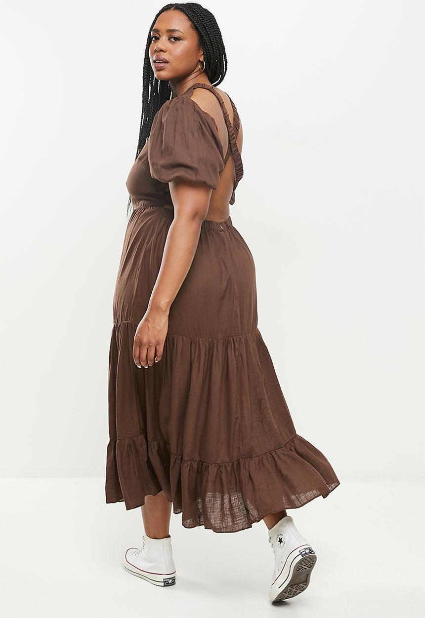 Glamorous - Plus open back tiered linen dress - brown