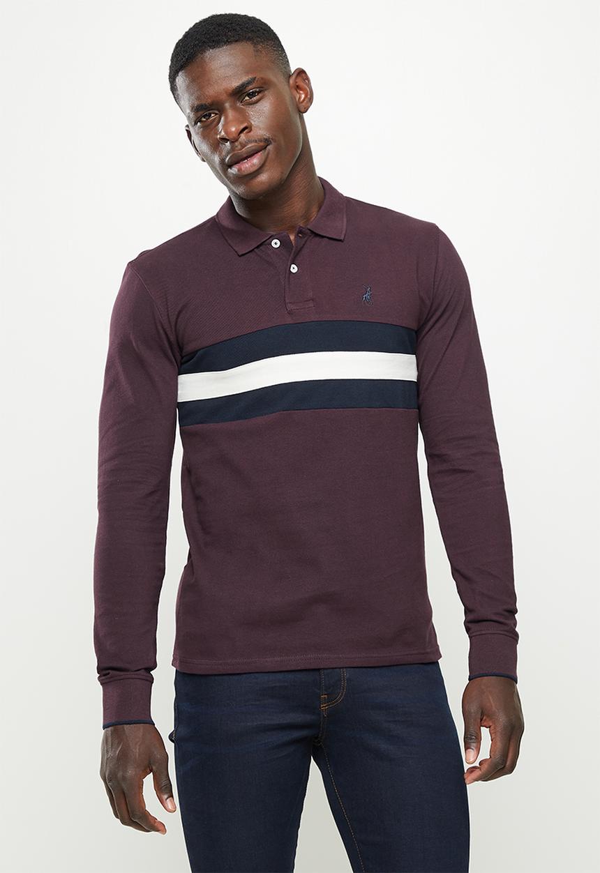 POLO - Mns stripe pique long sleeve golfer - burgundy