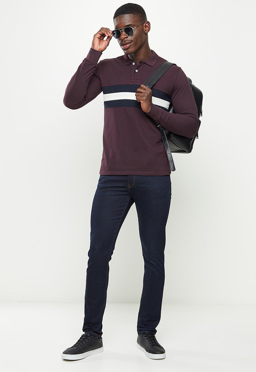 POLO - Mns stripe pique long sleeve golfer - burgundy
