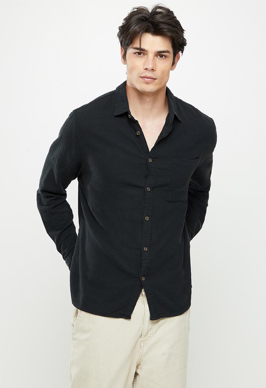 Cotton On - Camden long sleeve shirt - washed black cheesecloth