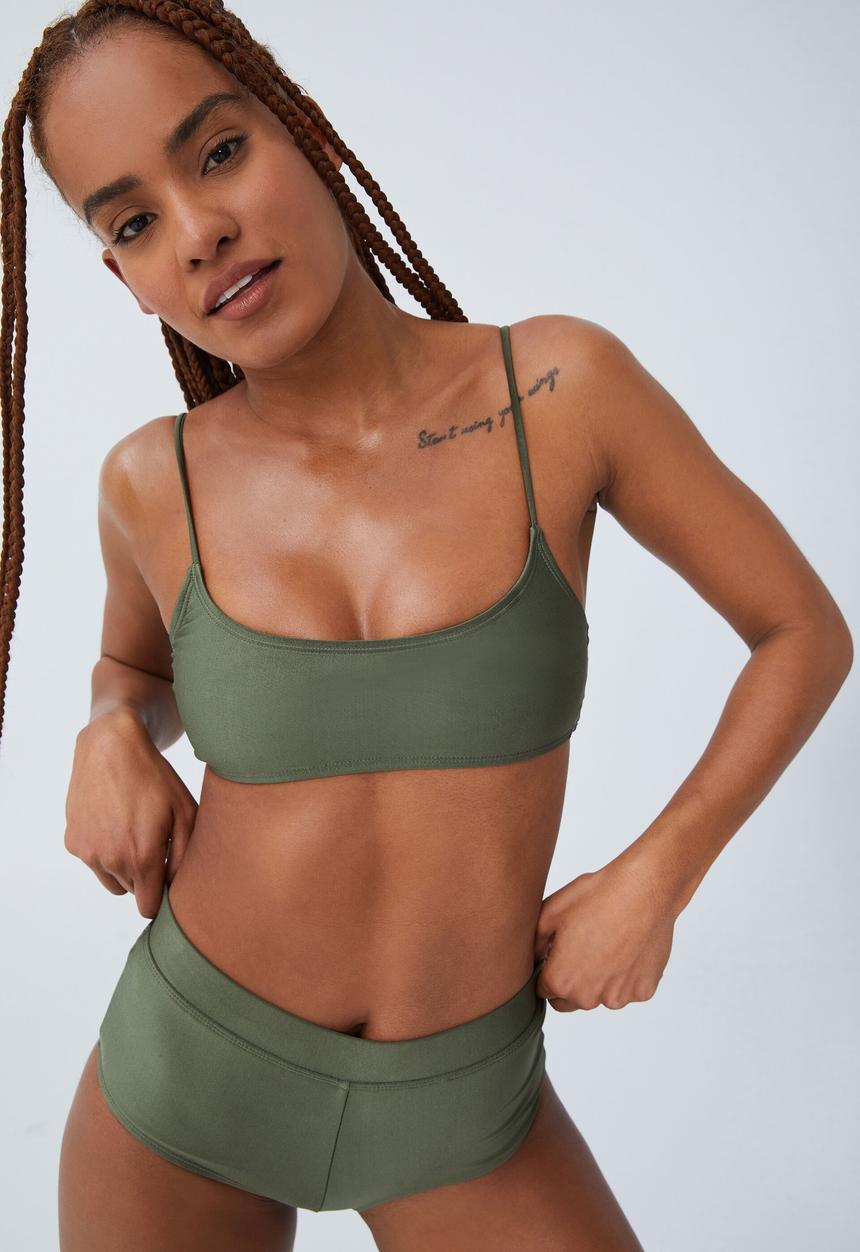 Cotton On - Scoop neck crop bikini top - warm khaki shimmer