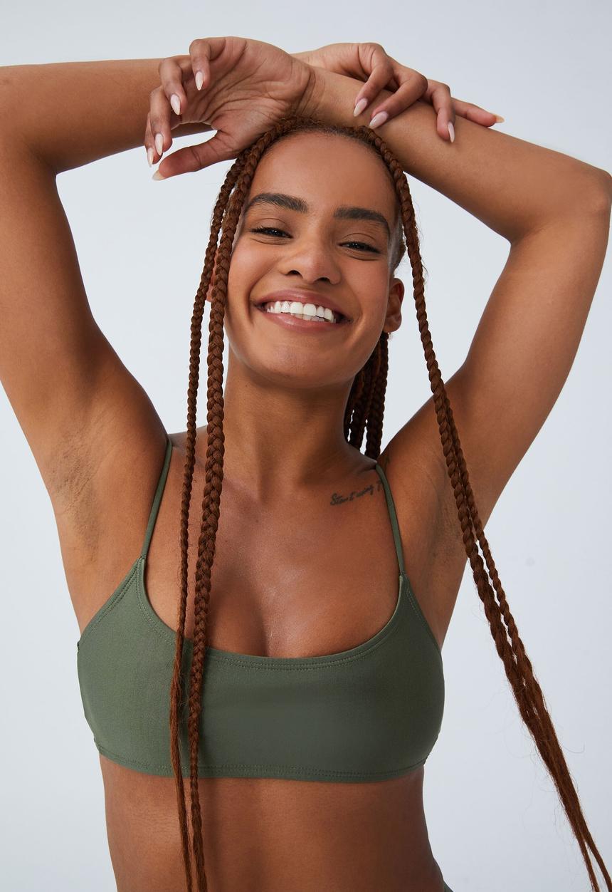 Cotton On - Scoop neck crop bikini top - warm khaki shimmer