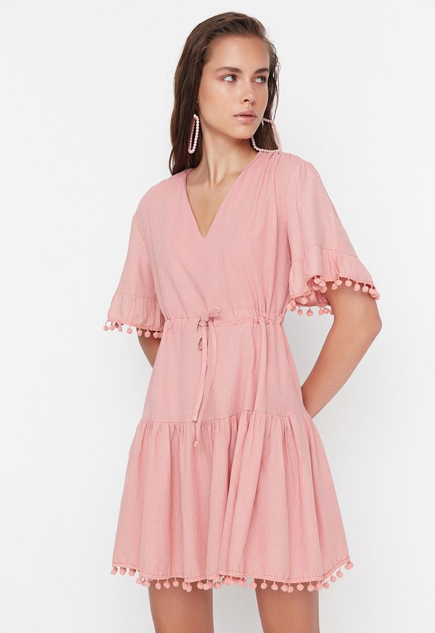 Trendyol - Pom pom trim tie waist dress - pink