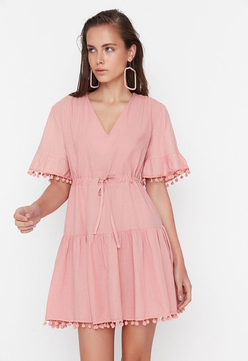 Trendyol - Pom pom trim tie waist dress - pink