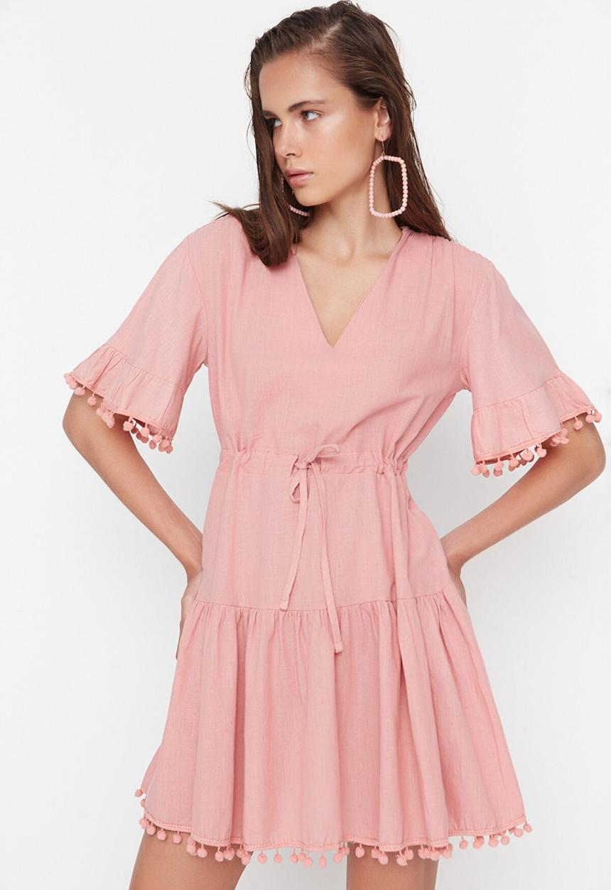 Trendyol - Pom pom trim tie waist dress - pink