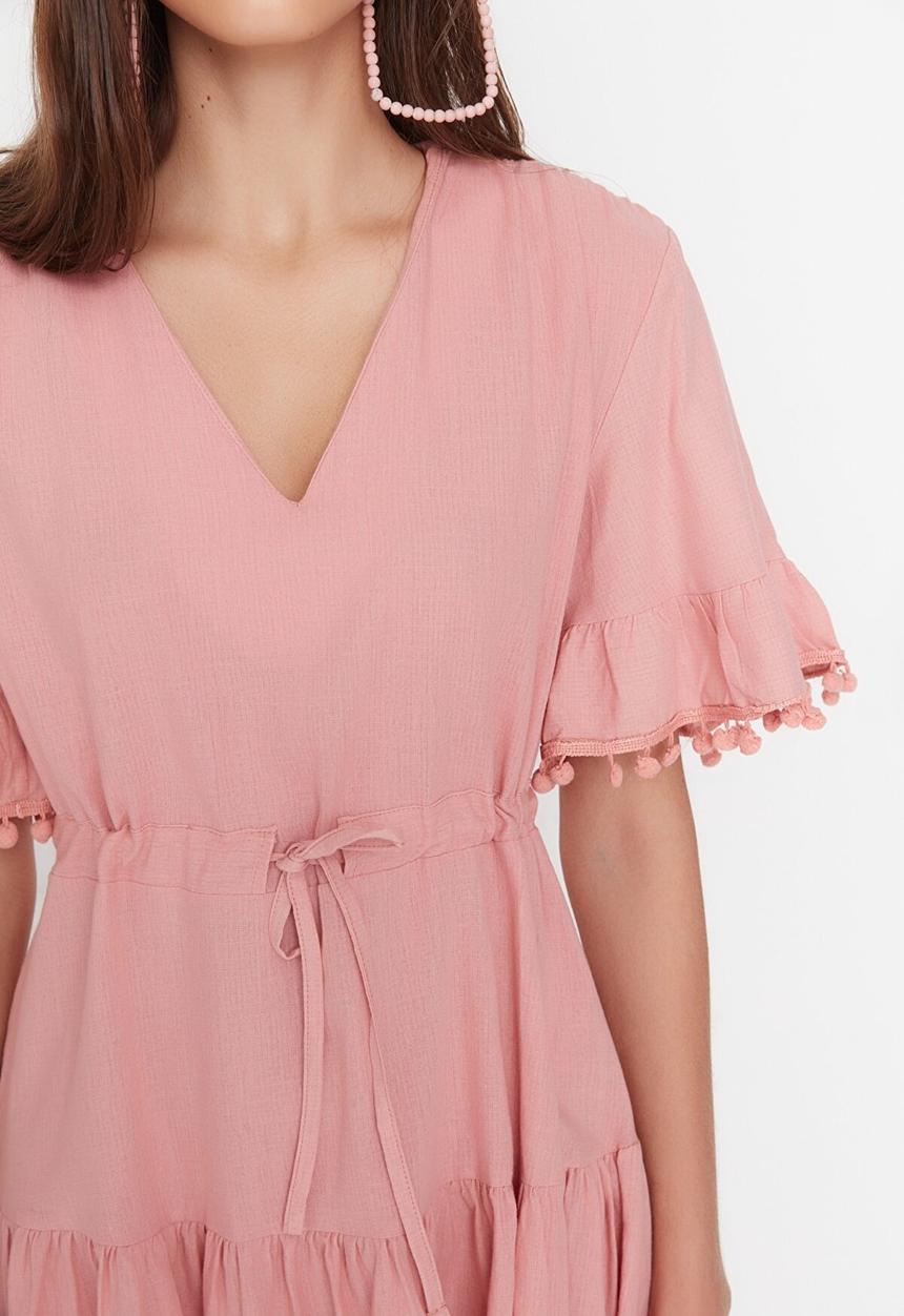 Trendyol - Pom pom trim tie waist dress - pink