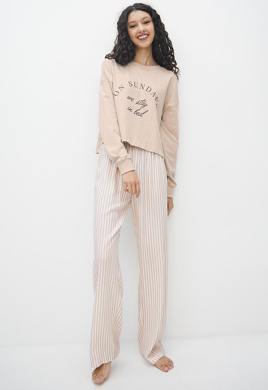 Blake - Placement print top/printed trouser sleep set - tan & stripe
