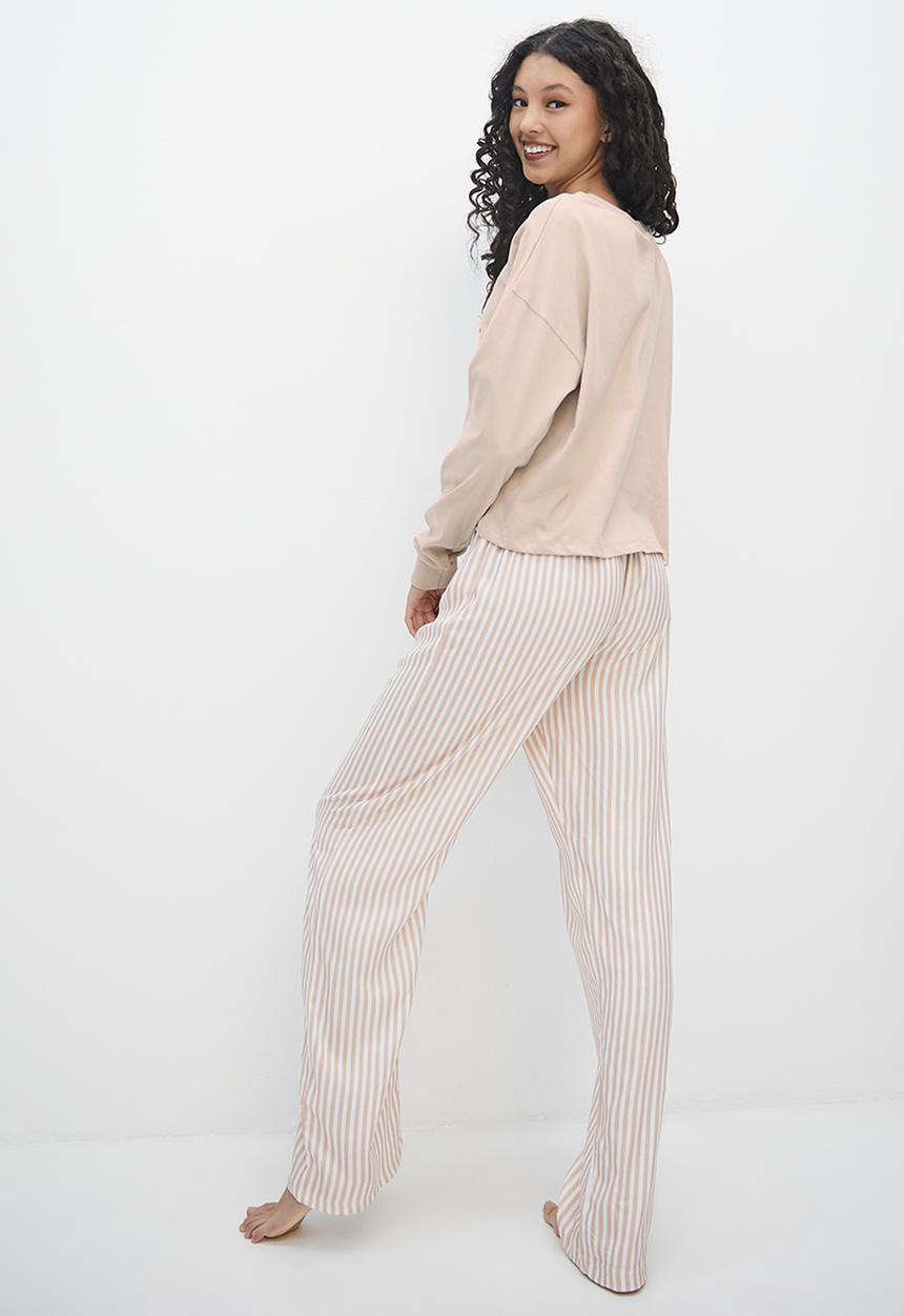 Blake - Placement print top/printed trouser sleep set - tan & stripe