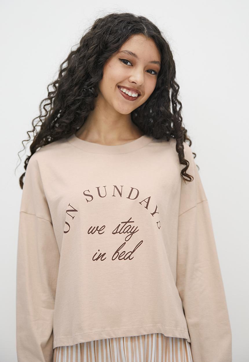 Blake - Placement print top/printed trouser sleep set - tan & stripe