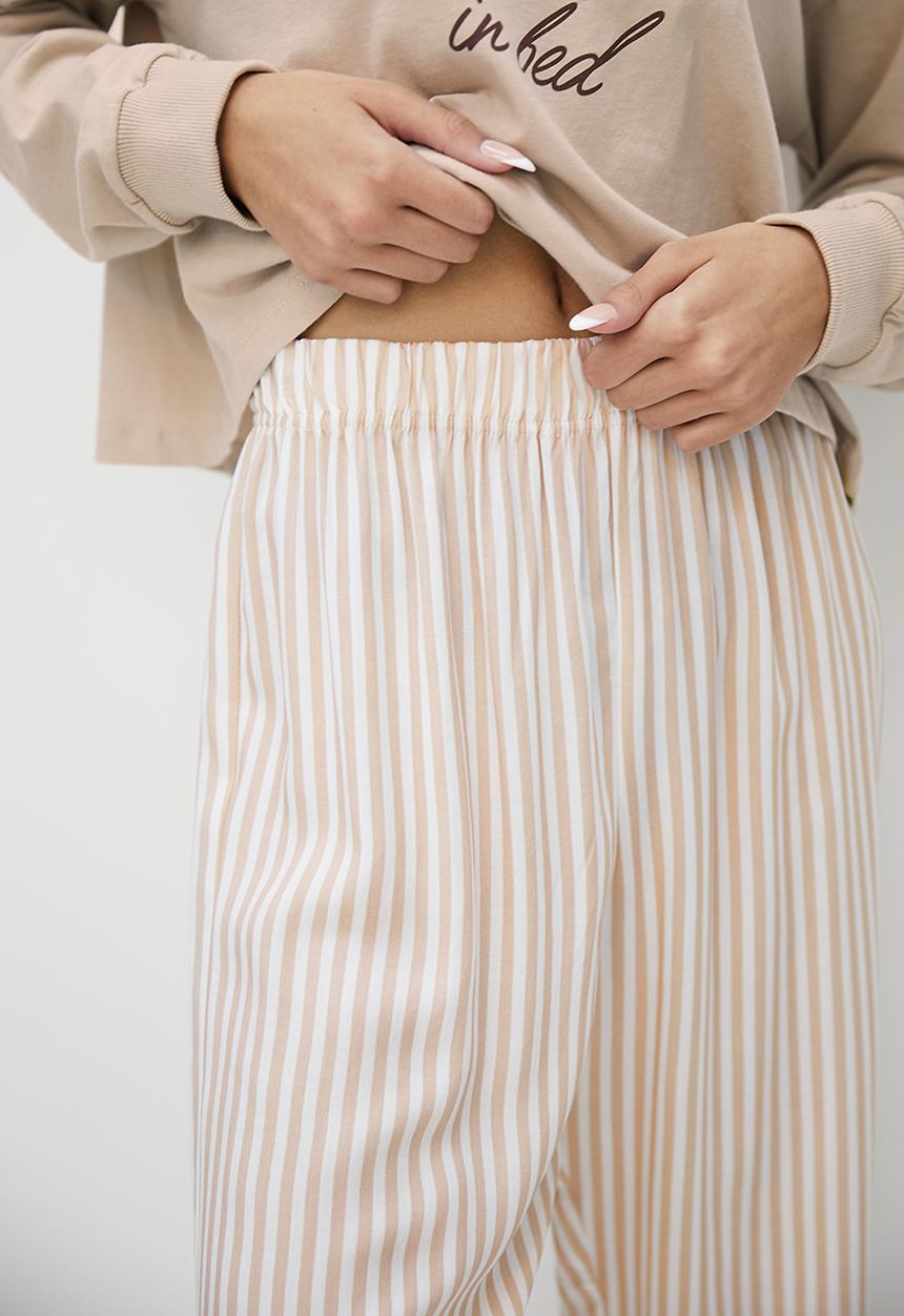 Blake - Placement print top/printed trouser sleep set - tan & stripe