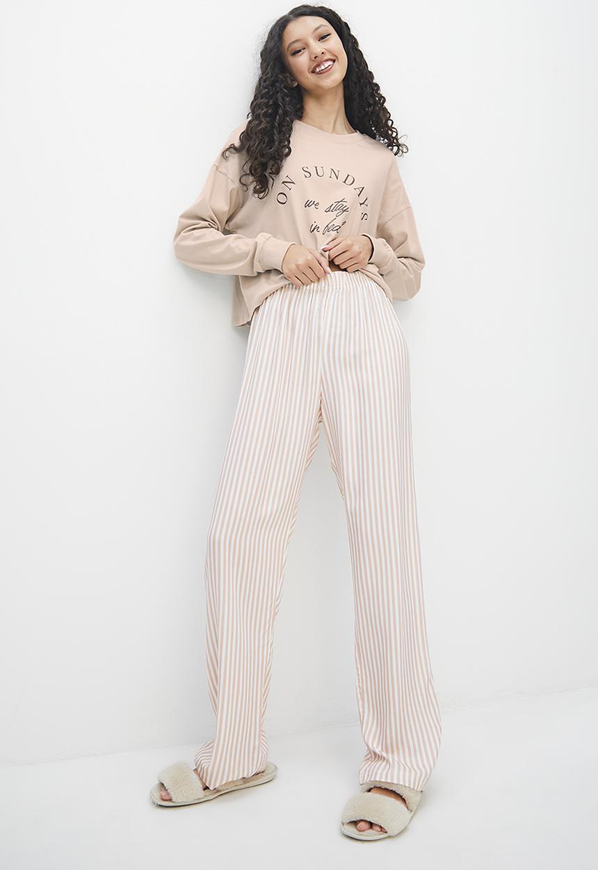 Blake - Placement print top/printed trouser sleep set - tan & stripe