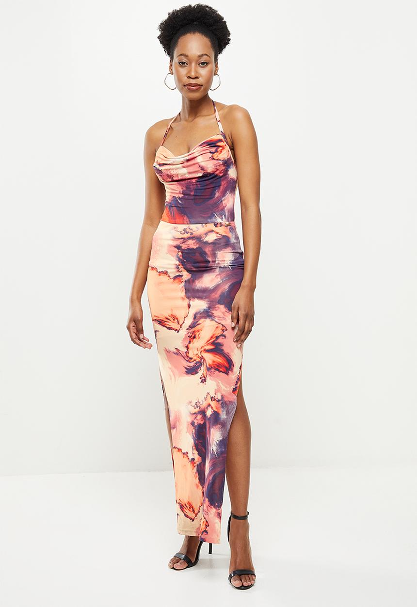 SISSY BOY - Printed maxi cowl dress - peach & purple