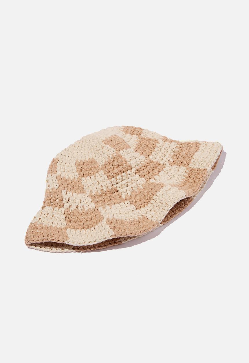 Rubi - Kelly crochet bucket hat - natural checkerboard